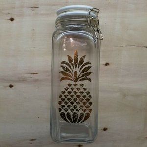 Gold Foil Pineapple Clear Glass Jar 71 oz White Ceramic Lid With Lock Gold Wire